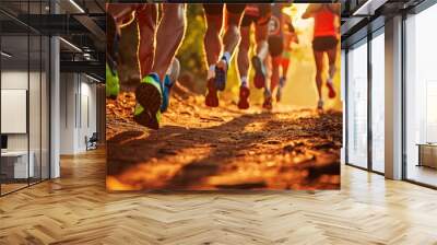 A group of runners running on a dirt trail. Generative AI Wall mural