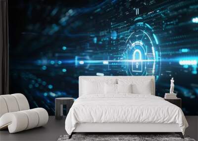 Digital Security Lock Icon with Cybernetic Background Wall mural