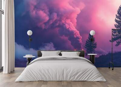 Dramatic sunset landscape with pine trees and smoke plume Wall mural