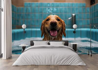 happy dog enjoying bath time in tiled bathroom Wall mural