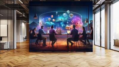 people sitting at a table with laptops and a large screen with a map of the world Generative AI Wall mural