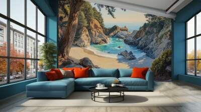 Serene coastal cove with cascading waterfall Wall mural