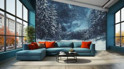 Snowy winter night landscape with starry sky Wall mural