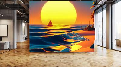 sunset on the beach with a sailboat and palm trees Generative AI Wall mural