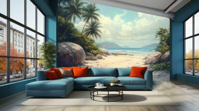 Tropical beach with palm trees and rocky coastline Wall mural