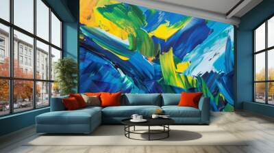 Vibrant Abstract Art with Blue, Yellow, and Green Splashes Wall mural