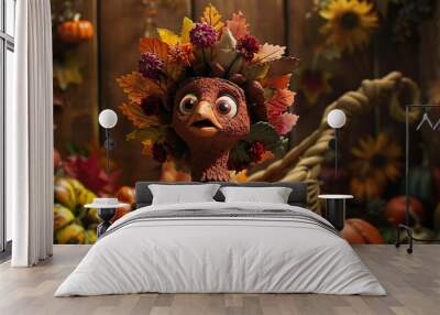 Pumpkin Spice Season A Funky Fowl with a Flower Crown Generative AI Wall mural