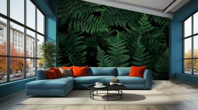 background tropical trees, dark green fern wallpaper, dark green forest tree backdrop. Wall mural