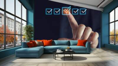 Business performance checklist, businessman using laptop doing online checklist survey, filling out digital form checklist, take an assessment, questionnaire, evaluation, online survey, online exam. Wall mural