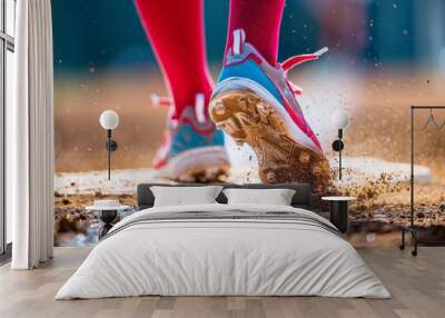 closeup picture of softball girl's feet sliding into 2nd base. Wall mural