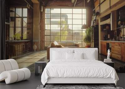 modern loft with natural light coming through the windows and a cityscape view Wall mural