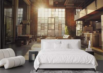 modern loft with natural light coming through the windows and a cityscape view Wall mural