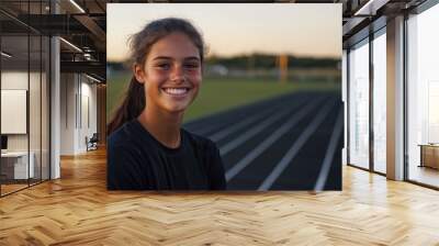 portrait of a teenage female track star with field in behind them Wall mural