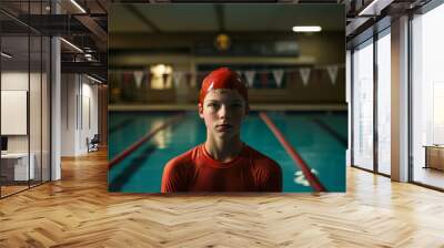 portrait of a teenage male swimmer with a pool in behind them Wall mural