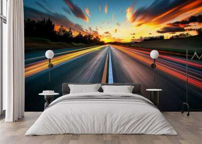 wide angle photo of a city road with a speed blur in the evening. Wall mural