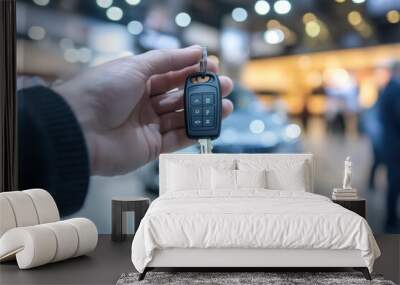 A car keys in hand With cars and modern interiors blurred in the background. Wall mural