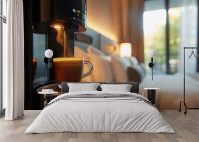 A cup of coffee being brewed in a small, single-serve hotel room coffee maker. Wall mural