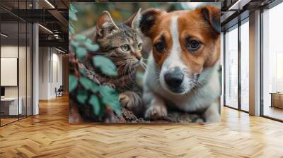 A dog playfully chasing a cat up a tree, both animals having a great time outdoors. Wall mural