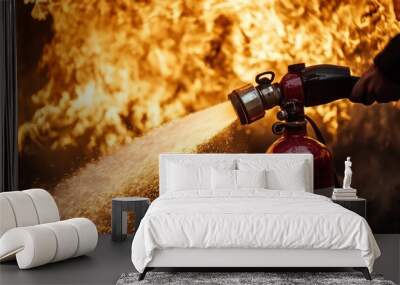 A fire extinguisher being used to put out a fire, symbolizing safety and emergency preparedness. Wall mural