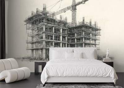 A hand-drawn sketch of a construction site, simple lines and detailed structures in a minimalist art style Wall mural