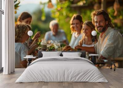 A large French family, spanning multiple generations, gathers together for a delightful outdoor meal in a beautiful garden setting. Wall mural