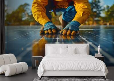 A man in a yellow jacket is wearing gloves and working on a solar panel Wall mural