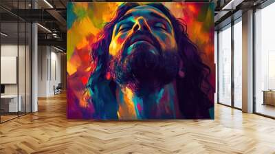 A modern Jesus Christ illustration in digital art, featuring vibrant colors and light effects, blending tradition with contemporary techniques. Wall mural