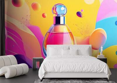 A perfume bottle illustration for social media, featuring bold, artistic visuals that make the product stand out with vibrant colors. Wall mural