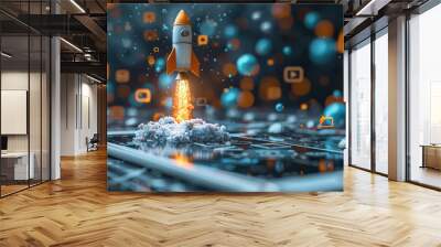 A rocket shoots out from a smartphone with many social media symbols flying everywhere. Wall mural