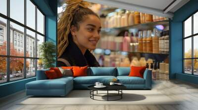 A woman is smiling at a store shelf full of beauty products Wall mural