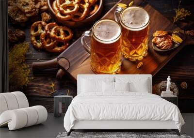 Beer and salted pretzels on wooden background created ,Generative AI Wall mural