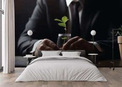 Businessman in Watering a green plant sprouting from a pile of coins. Financial Growth Investments in Future Wealth Concept. Wall mural