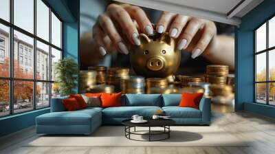 Close-up of a businesswoman hands placing coins into a piggy bank, illustrating financial prudence. Wall mural