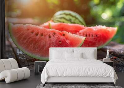 Close-up of fresh watermelon slices on a picnic table Ready to eat on a hot summer day Wall mural