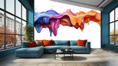 Colorful rainbow color acrylic paint flowing down over white background, dripping colorful liquid on transparent background. Wall mural