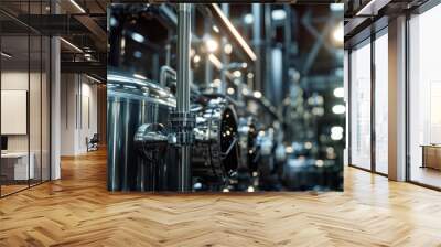 Detailed close-up of a distillery with stainless steel distillation equipment, spotlights. Wall mural