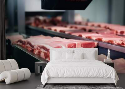 Fresh Pork slices on a conveyor belt in the workshop. Meat processing plant. Wall mural