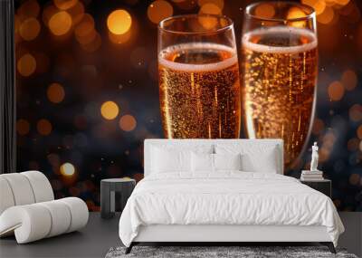 Glasses of champagne on bright background with bokeh effect Wall mural