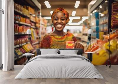 Happy african woman shopping in at Supermarket ,Generative AI. Wall mural