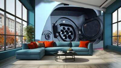 Open - close lid charging, Close up hand man  inserting plug into charging electric car. Wall mural