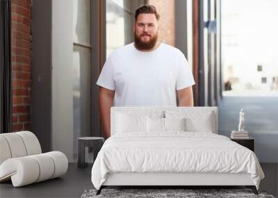 Plus-sized male model, showcasing a stylish white tshirt mockup. Wall mural