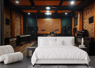 Recording sessions in a professional studio with soundproof walls and high-quality microphones. Wall mural