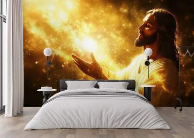 Religious Jesus Christ art, showcasing Him performing miracles with glowing light, symbolizing His divine power. Wall mural