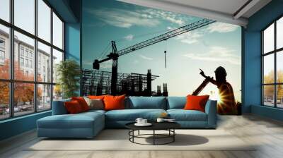 Silhouette of engineer using laptop to control work, crane, construction site Wall mural