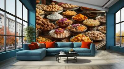 Traditional Indian sweets and dishes beautifully arranged on the table. It showcases the delicious food associated with Diwali celebrations. Wall mural