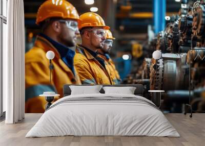 Workers in protective uniforms operating heavy machinery in an industrial manufacturing plant. Wall mural