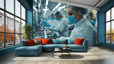 Workers overseeing an automated assembly line in a cleanroom environment, ensuring sterile production. Wall mural