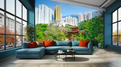 old meets new, traditional nan lian garden with skyscrapers in the background, hong kong Wall mural