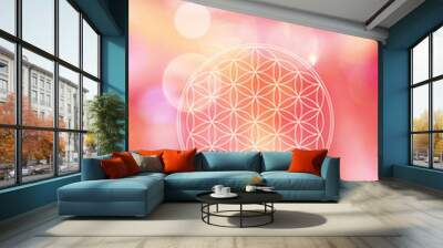 Blume des Lebens in energievollem magenta-rotem Lichterfeld Wall mural