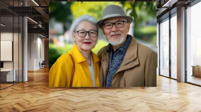 Elderly asian couple smiling in autumn park Wall mural